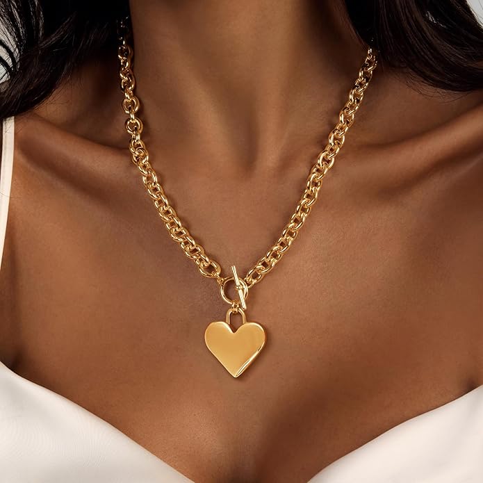 Heart Necklace for Women Gold/Silver Plated Trendy Heart Choker Lover Pendant Hypoallergenic Fashion Gold/Silver Necklace for Women Love Jewelry Gift for Women Girlfriend