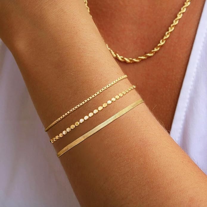 DEARMAY Dainty Silver Plated Bracelets for Women Trendy, Silver Jewelry Set for Women Bracelets for Women Paperclip Box Herringbone Figaro Rope Chain Bracelet Fashion Pack Gifts for Women