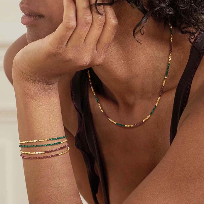 MTMY Beaded Gemstone Choker Necklace for Women, 14K Gold Plated Boho Colorful Natural Stone Bead Chain Necklace Summer Beach Handmade Jewelry