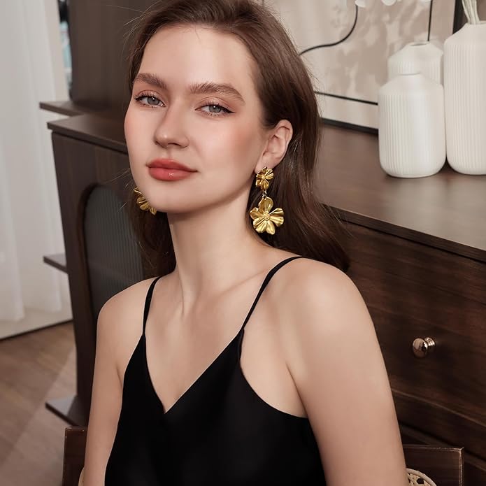 Gold Flower Statement Earrings for Women, Large Chunky Bohomian Summer Beach Floral Earring, Irregular Bold Exaggerated Earrings