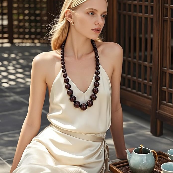Coiris Layer Chunky Wood Beaded Necklace Exaggerated Statement Bead Collar Necklace Bib Necklaces