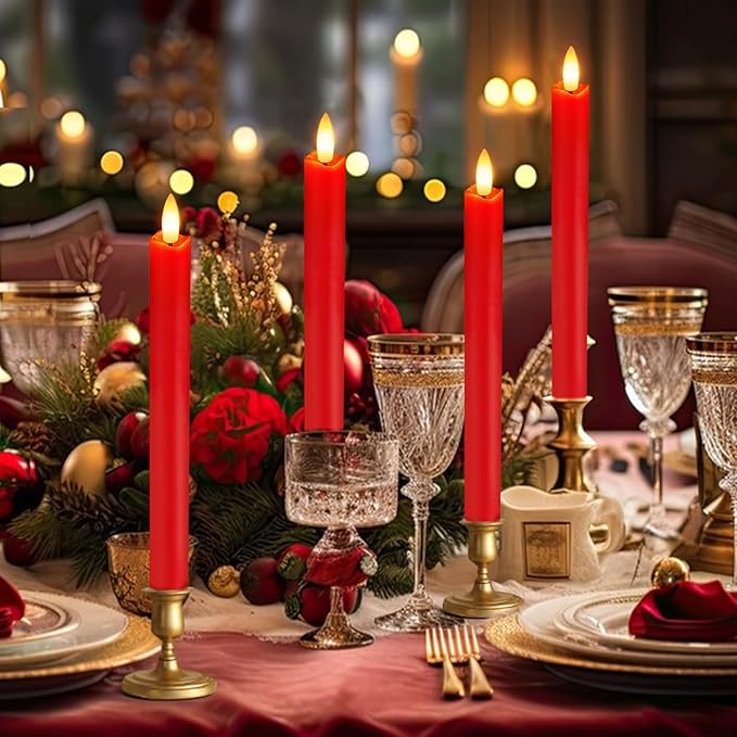 Flameless Candles with Remote: 8 Pack Battery Operated Window Candles 9.6" Real Wax LED Flickering Flameless Taper Candles 3D Wick Lights Halloween Christmas Wedding Birthday Party Decorations (Red)