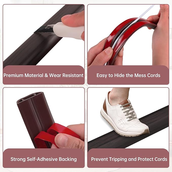Floor Cord Cover Self Adhesive Cord Hider Floor Extension Cord Covers for Floor Power Cord Protector Cable Management Prevent Cable Trips Cable Cavity 0.47" W x 0.27" H (Dark Walnut, 10Ft)