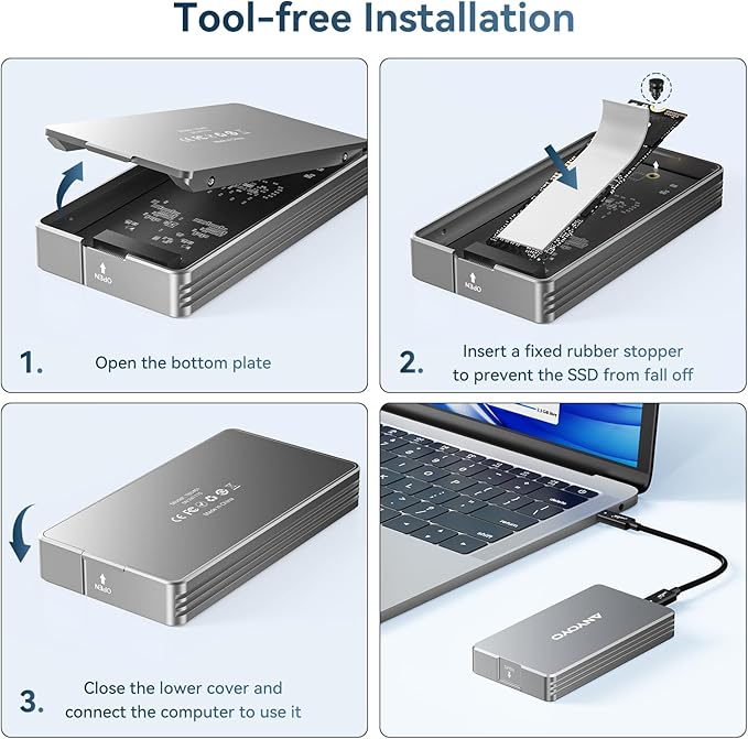 ANYOYO 40Gbps M.2 NVMe SSD Enclosure with Aluminum Alloy for M1 M2 Pro/Max, NVMe Enclosure Compatible for Thunderbolt 3/4/5/USB4/3.2/3.1 Support M/B+M Key Size 2230/2242/2260/2280 up to 2700 MB/s