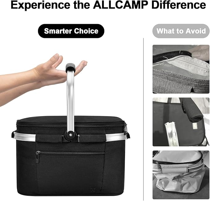 ALLCAMP Picnic Basket - Insulated Cooler, Thickening Foldable Picnic Basket with Removable Baskets & Sewn-in Frame, Basket for House Warming Gifts New Home(Jet Black)