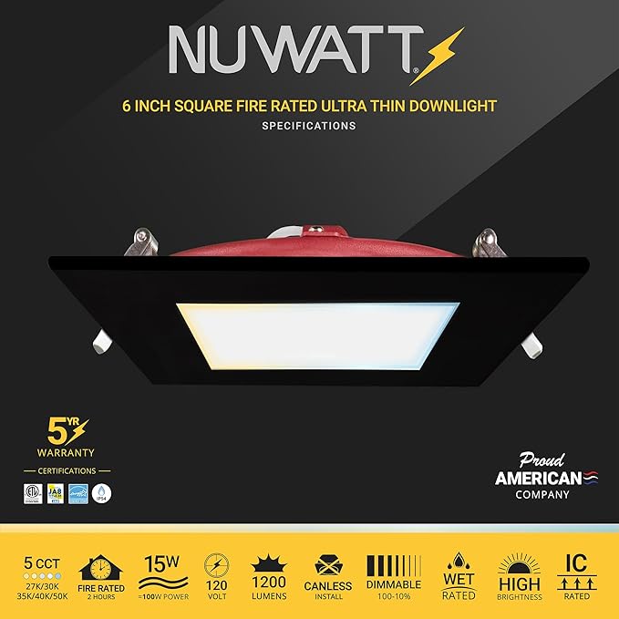NUWATT 2 Hour Fire Rated Recessed Lighting 6 Inch, Square LED Lights, 5 CCT 2700K/3000K/3500K/4000K/5000K, 15W, Dimmable 1200LM, Black Recessed Lights, Wet & IC Rated, ETL, No Tenmat Needed, 6 Pack