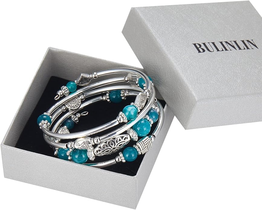 BULINLIN Layered Wrap Bangle Turquoise Bracelet - Bead Bracelet with Natural Agate Stone, Gifts For Women