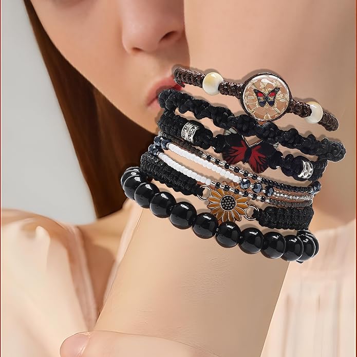 DS 6PCS String beads Charm Bracelets for Teen Girls Handmade Braided Rope Butterfly daisies Eternal flower Boho Surfer Bracelet for women Adjustable friendship Stretch birthday jewelry Gift Friends