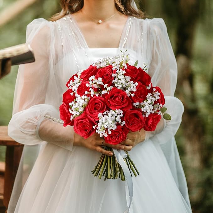 Tifuly 50pcs Red Roses in Bulk, Realistic Long Stem Fake Silk Roses Bouquet for Wedding Centerpiece Table Party Home Kitchen Decor