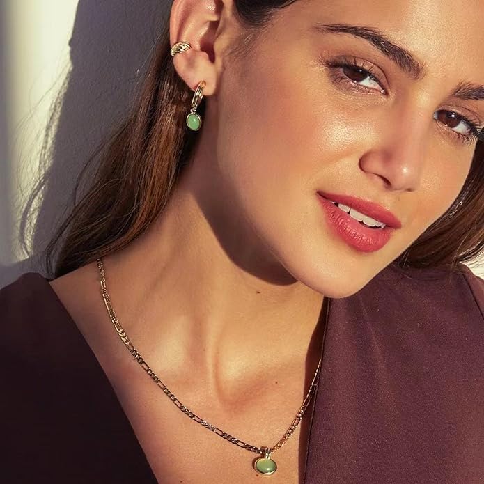 DISTANT DRUMS Simple Natural Green Aventurine Stone Jewelry Set for Women,Hoop Earrings,Bracelet,Necklace,18K Gold-plated Spiritual Gift,Fortunate Stone Jewelry,Choker