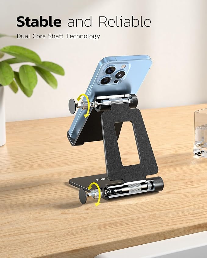 Nulaxy 2 Pack Dual Folding Cell Phone Stand, Fully Adjustable Foldable Desktop Phone Holder Cradle Dock Compatible with iPhone 17 16 15 14 13 12 11 Pro Max Xs Xr X 8, All Phones, Black & Silver