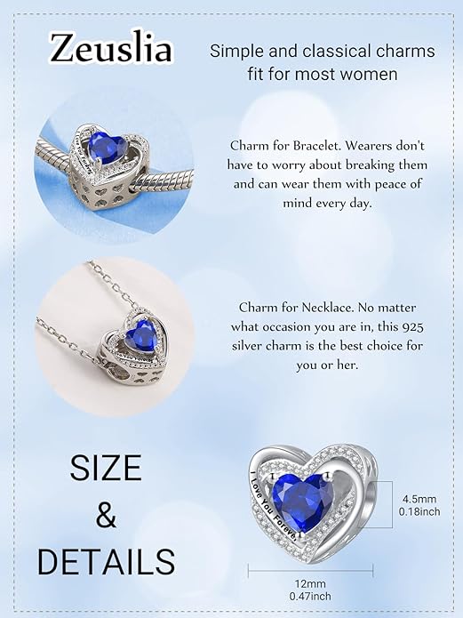 Heart Birthstone Charms for Bracelets, 925 Sterling Silver Women Bead Charms for Charm Bracelets Necklace, Mother's Day Birthday Anniversary Jewelry Gifts for Wife Mom Grandma Daughter