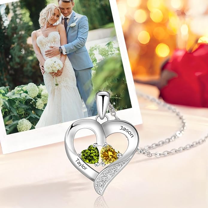 MissNaNa Sterling Silver Personalized 2 Names Heart Necklace with 2 Birthstone Couple I Love You Heart Pendant Necklace Jewelry Gift for Her Wife Girlfriend Mom