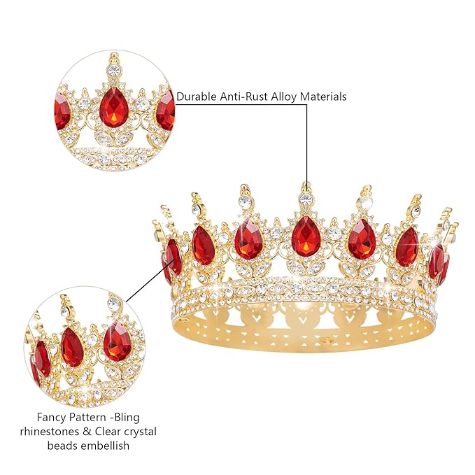Queen Crown Rhinestone Wedding Crowns and Tiaras for Women Costume Party Hair Accessories Princess Birthday Crown Crystal Bridal Crown (Gold & Red Crown)