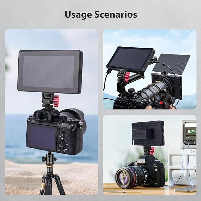 Mini Camera Monitor Mount with Cold Shoe, Aluminum Field Monitor Mount with 1/4″ Screw for LED Light Mic Cage, Cold Shoe Adapter 360° Swivel & 180° Tilt Damping (with Knob 63142)