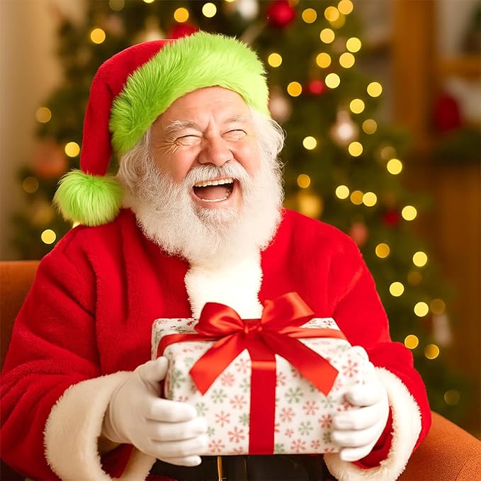 Funny Santa Hat for Adults – Soft Plush Red and Green Christmas Hat for Men and Women – Cozy Holiday Party Headwear