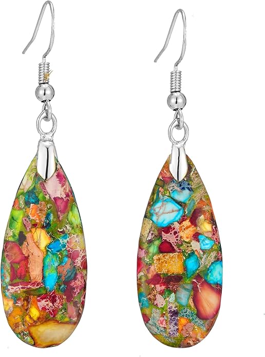 Boho Women Natural Stone Earrings Unique Healing Imperial Jasper Gemstone Energy Hypoallergenic Lightweight Dangle Drop Earrings Multiple Styles Earrings Jewelry for Birthday Party Gift