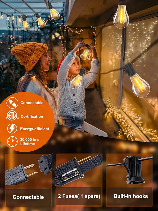 DAMAING Outdoor string lights 75FT Waterproof patio string lights with 38 Shatterproof Dimmable A39 LED Bulbs, 2FT bulbs apart Connectable Outdoor Lighting for Backyard Garden Bistro and Balcony 2200K