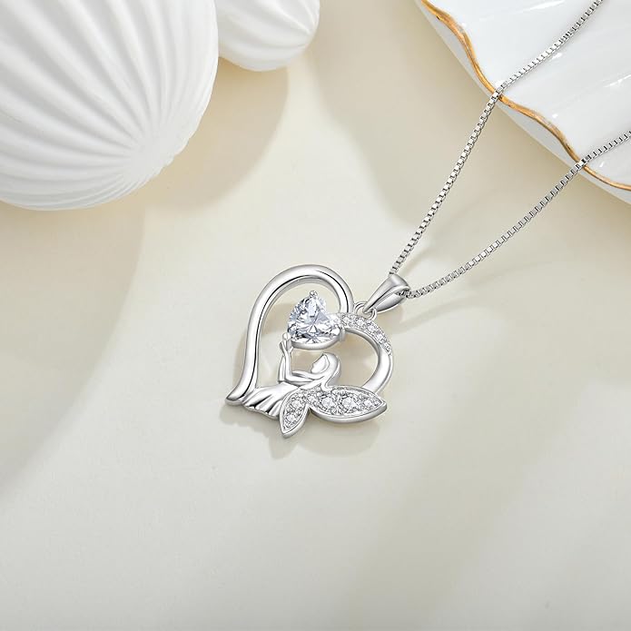 Guardian Angel Necklace 925 Sterling Silver Heart Angel Wings Pendant Birthstone Jewelry for Women