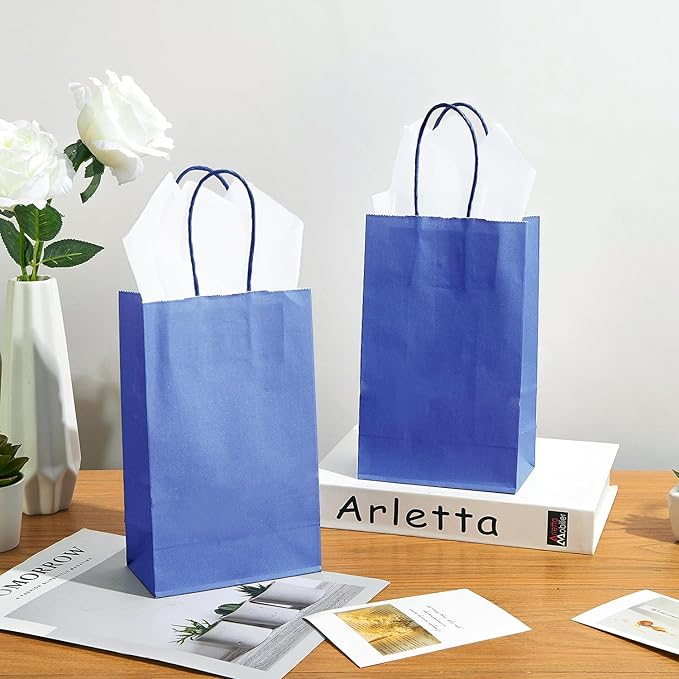 DjinnGlory 100 Pack Small Navy Paper Gift Bags with Handles (Nautic Blue) 9x5.5x3.15 Inch for Boutiques, Weddings, Graduations, Men's Birthdays, Kid's Party Favors