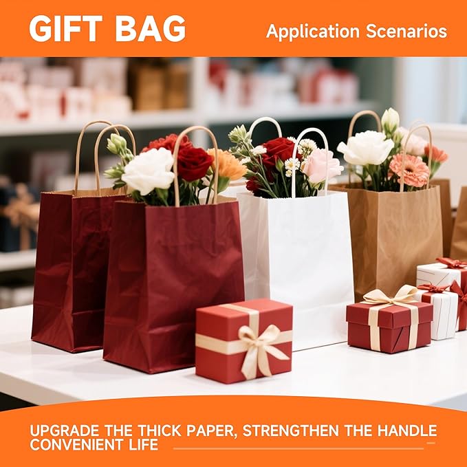 METAPRINT Brown Paper Gift Bags with Handles in Bulk, 50pcs Kraft Paper Bags 8x4.5x10.8 inch, Recyclable Shopping Bags for Retail, Grocery, Party Favors, Wedding
