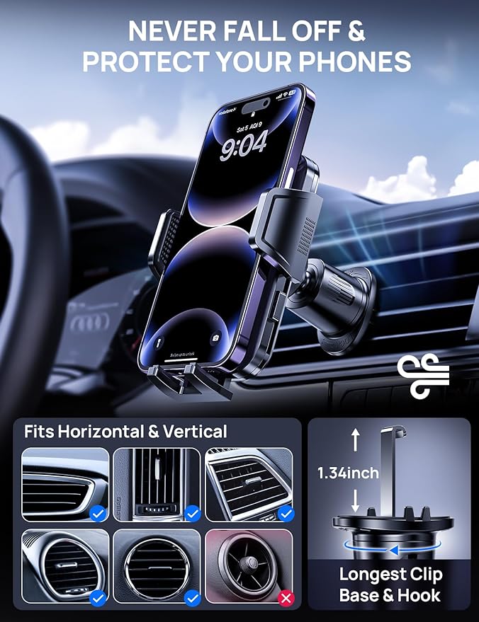 Car Phone Holder Mount for Air Vent, [Never Shake Hook Clip] 360° Adjustable Vent Clip, Compatible with Big Phones,Thick Cases, Phone Holders for Your Car–Fits iPhone, Samsung and Android