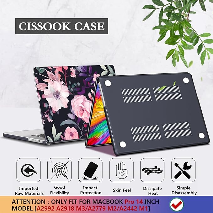 CISSOOK Compatible with MacBook Pro 14 inch Case M4 A3112 A3185 A3401 M3 A2992 A2918 M2 A2779 M1 A2442 Chip 2024 2023 2022 2021 Release, Plastic Hard Shell for MacBook Pro 14.2, Pink Flowers