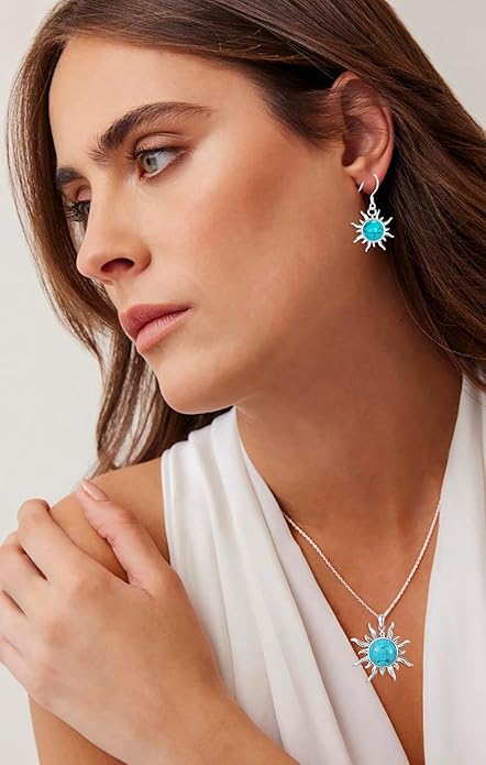 Genuine Sun Turquoise Jewelry Set for Women, Sterling Silver Native American Neckace and Dangle Earings Western Jewelry Birthdays Gift