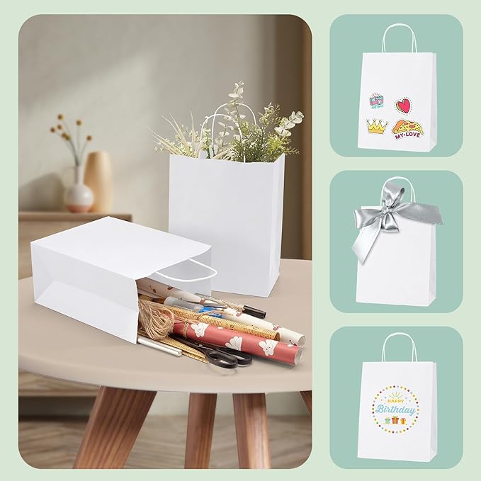 MESHA White Paper Gift Bags 8x4.25x10.5 Inch with Handles 50Pack, Recycled Kraft Shopping Bags Bulk for Business Grocery Birthday Wedding Kids Party Favors Retail
