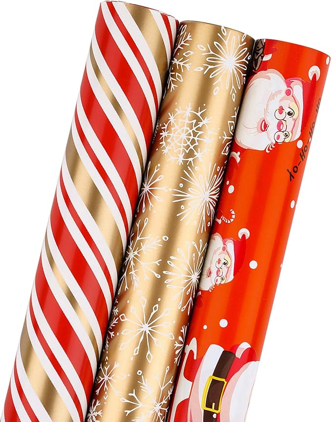 MAYPLUSS Christmas Wrapping Paper Roll - Mini Roll - 17.3 in X 120 in Per roll - 3 Different Christmas Red Snowman Gold Stripe,Gold Snowflake for Xmas Gift Wrap (43.2 sq.ft)