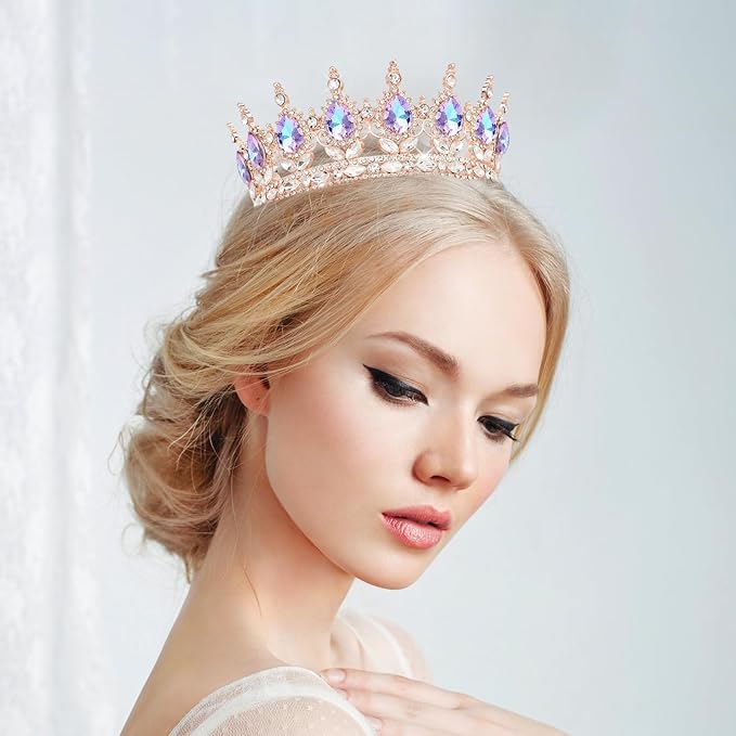 Queen Crown Rhinestone Wedding Crowns and Tiaras for Women Costume Party Hair Accessories Princess Birthday Crown Crystal Bridal Crown (Rose Gold Crown-Violet)
