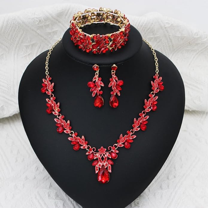 Wedding Leaf Flower Crystal Teardrop Pendant Necklace Dangle Earrings Stretch Bracelet Jewelry Set for Women Bridal Party Prom