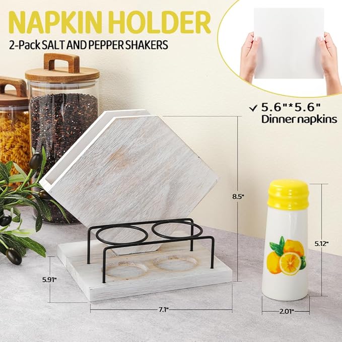 Rustic Farmhouse Napkin Holder Set - Natural Wood Kitchen Organizer with Lemon 2 Salt & Pepper Shakers for Countryside Dining & Minimalist Home Decor (Gift Ready)