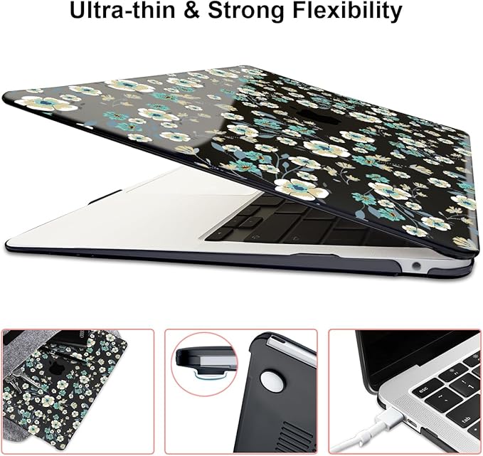 for MacBook Air 13 inch Case 2021 2020 2019 2018 Release M1 A2337 A2179 A1932, Pritned Pattern Plastic Hard Case Cover for MacBook Air 13 M1 with Retina Display Touch ID, Small Green Flowers