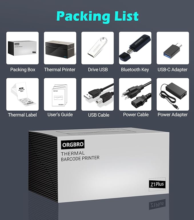 ORGBRO Bluetooth Thermal Shipping Label Printer, Z1-Plus Wireless 4X6 Shipping Label Printer for Small Business Office or Home Support iPhone Android Windows macOS Chrome Amazon Ebay Shopify USPS