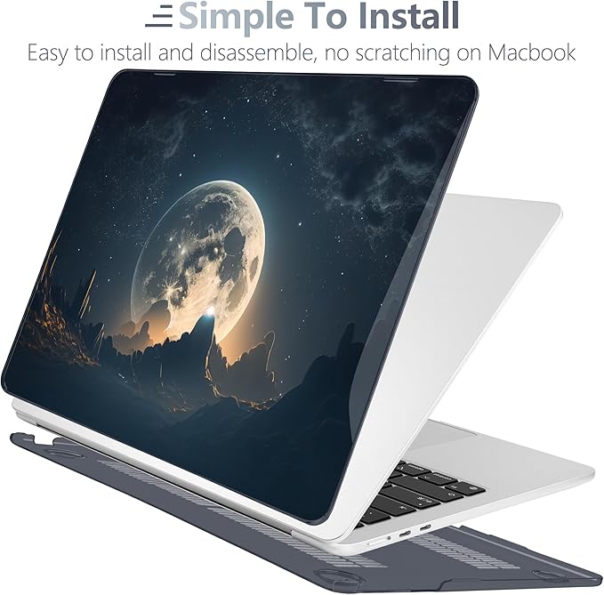 Batianda Premium Case for New MacBook Air 15 inch 2025 2024 2023 with M4 M3 M2 Chip, Designed Black Protective Plastic Hardshell & Keyboard Cover & Screen Protector, Moon in Sky