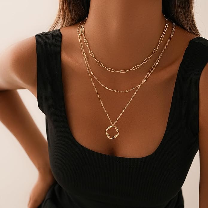 Women's Multi-Layered Gold Necklace, Stackable Delicate 14K Gold Plated Fashion Round Multi Layers Pendant Necklace, Gold Jewelry Set Gifts