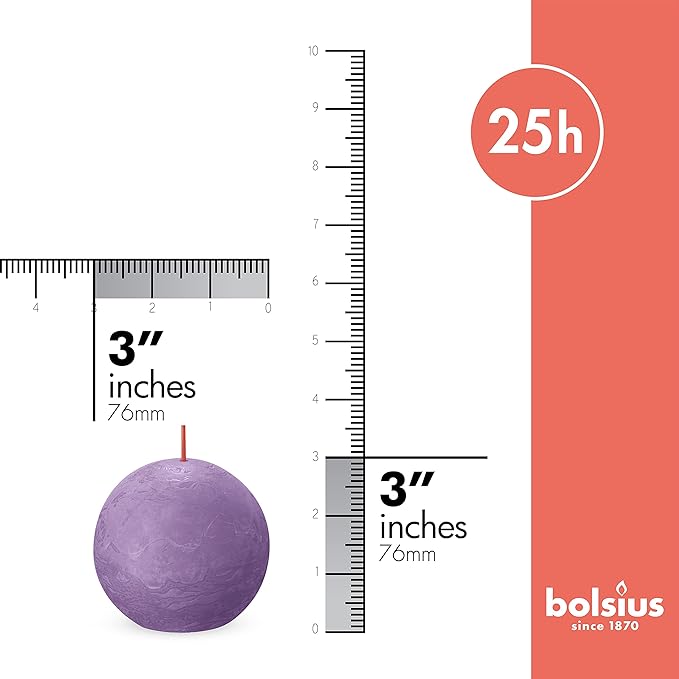 BOLSIUS 3 Pack Vibrant Violet (Purple) Rustic Ball Pillar Candles - 3 Inch - Premium European Quality - Includes Natural Plant-Based Wax - Unscented Dripless Smokeless 25 Hour Party Décor Candles