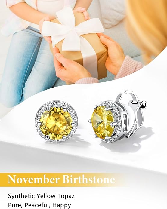 Silvora 925 Silver 8MM Cubic Zirconia Birthstone Clip On Stud Earrings Round Non Pierced Earrings For Women,Come with Box