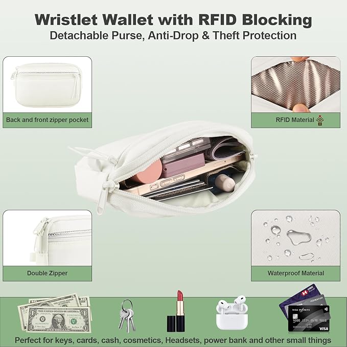 Clip and Go Strap for Phone with Wallet Crossbody, Adjustable Phone Lanyard with Detachable RFID Wristlet Wallet, Pattern Strap, Cream&Silver (M)