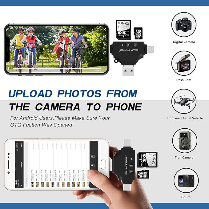 4 in 1 SD Card Reader for iPhone ipad Android Mac PC Camera,Micro SD Card Reader SD Card Adapter Portable Memory Card Reader Trail Camera Viewer for SD and TF Card
