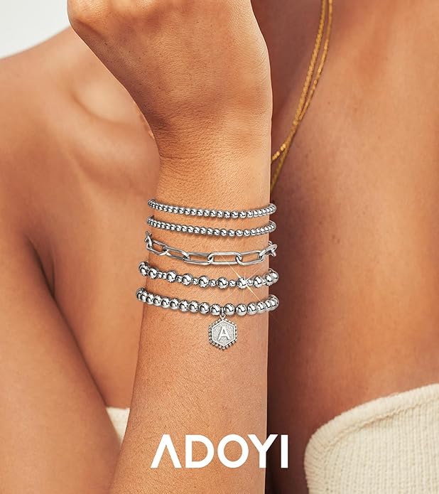 adoyi Gold Bracelets for Women Beaded Bracelet 14K Gold Plated Bracelet Stack Strand Stretch Bead Ball Bracelet Set Stackable Bracelet Adjustable Bracelet Set Jewelry for Gifts