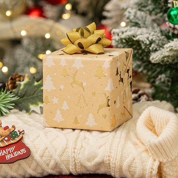 Garbendy Kraft Christmas Wrapping Paper Roll- 17 Inch X 32.8 Feet - Embossing 3D with Gold Foil Reindeer & Christams Tree Design for Christmas Holiday Party