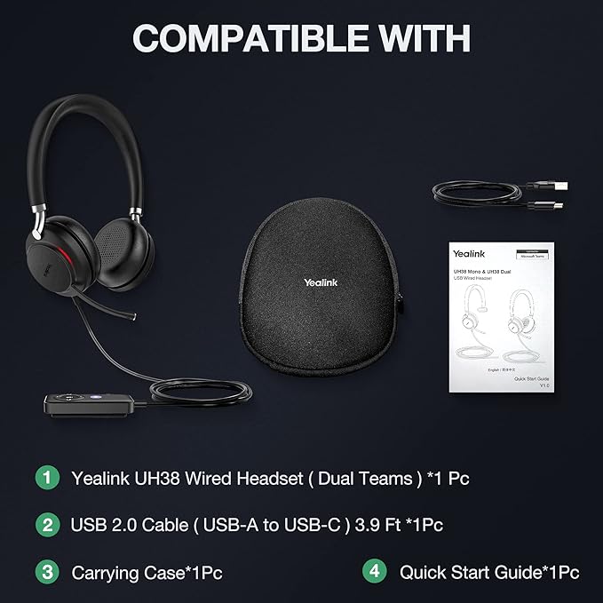 Yealink UH38 Bluetooth USB Wired Headset, Work Headset with Noise Cancelling Microphone, Teams Certified, Comfort Fit, Dual Connect for PC Computer & Mobile Devices, Dual Busylight