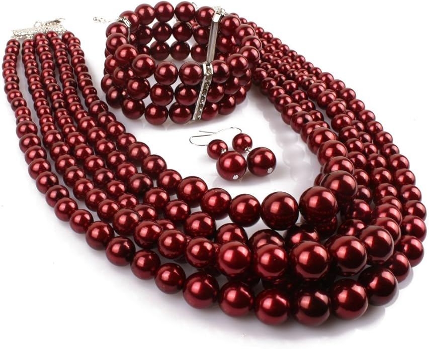 Exaggerated Imitation pearl multi-layer Necklace+bracelet+earring Large pearl necklace Wedding jewelry set for Women's and girls gifts（Multicolor optional）
