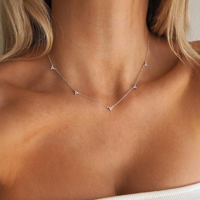Valentines Day Gifts for Women Her - Dainty Necklaces for Women Cute Station Choker Simulated Diamond Necklace Simple Layering CZ Necklace Trendy Jewelry Gifts