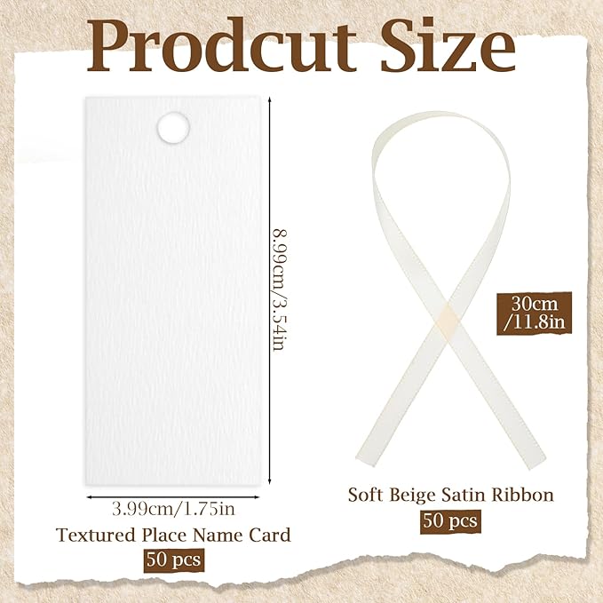 50 Pcs Place Cards for Table Setting, Table Name Card with 50PCS Ribbon 1.57 x 3.54 Inch Wedding Place Cards Blank Gift Tags Blank Name Card for Wedding Dinner Banquet Party