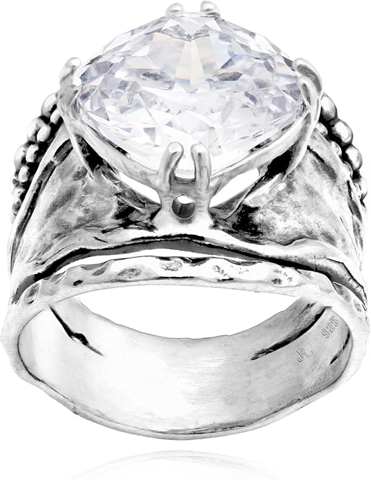 JEAN RACHEL JEWELRY 925 Sterling Silver Ring - Bold with Prong-Set Cubic Zirconia Vintage Design - Hypoallergenic, Lead & Nickel Free - Artisan Handcrafted Statement Rings for Women