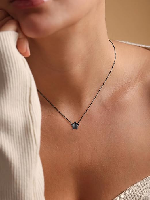 ChicSilver Personalized 925 Sterling Silver Dainty Small Heart/Star/Moon/Dot/Triangle Pendant Necklace for Women, Silver/Gold/Rose Gold/Black (with Gift Box)