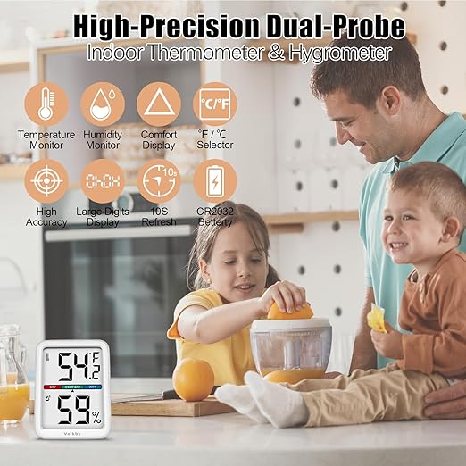 Vaikby Precision Hygrometer - Indoor Humidity Meter and Room Thermometer with Temperature Gauge, Digital Monitor for Home Comfort, Wall-Mounted or Tabletop, Energy-Efficient Sensor for Nursery & House